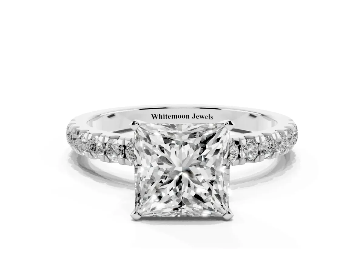 Princess Cut Diamond Solitaire Ring with Pavé Accents and Four-Prong Setting Silver