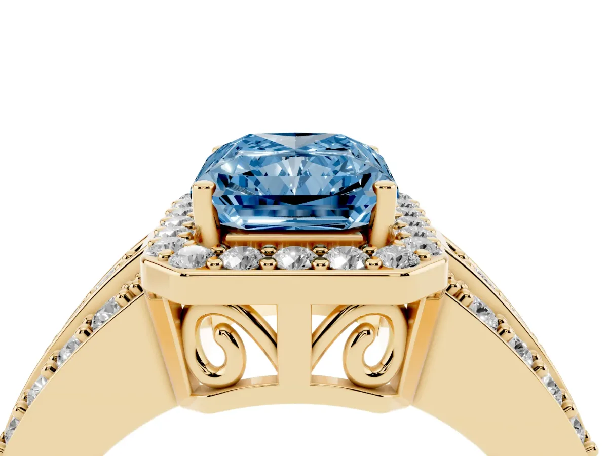 Fancy Blue Radiant Cut Halo Diamond Ring with Round Split Shank and Prong Setting Yellow gold