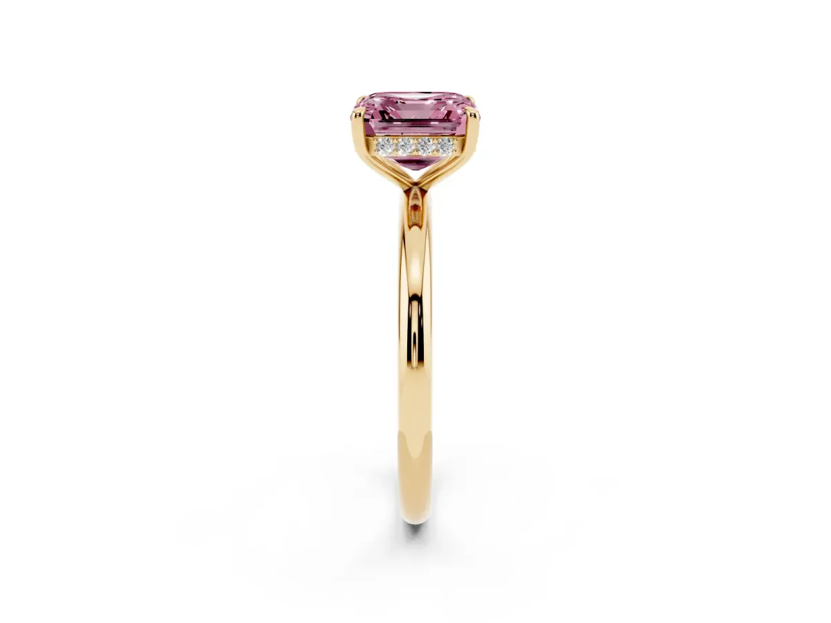 Fancy Pink Asscher Cut Diamond Solitaire Ring with Thin Band and Four-Prong Setting Yellow gold