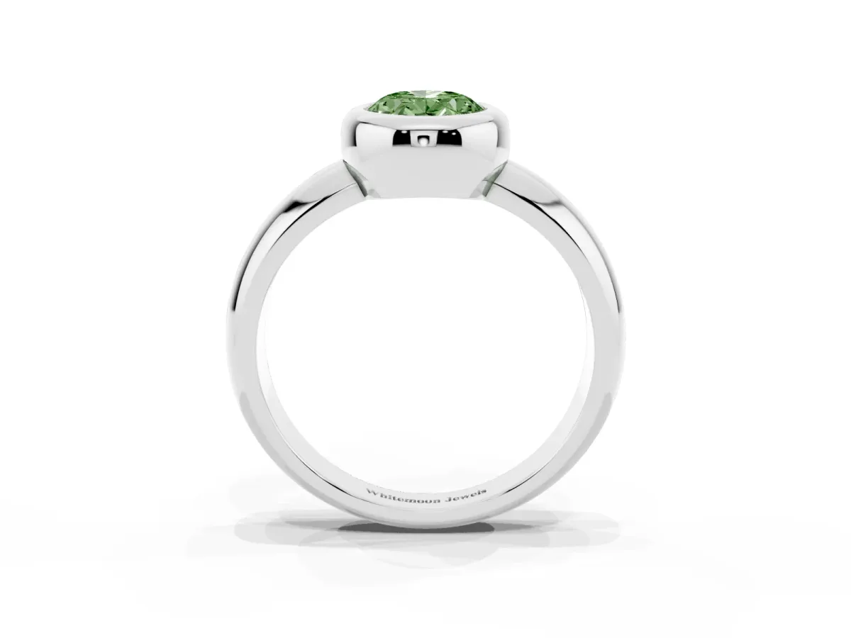 Fancy Green Bezel Set Oval Cut Solitaire Ring with Wide Band Silver