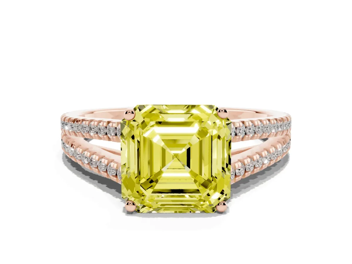 Fancy Yellow Asscher Cut Diamond Solitaire Engagement Ring with Split Shank Pavé Band Rose gold