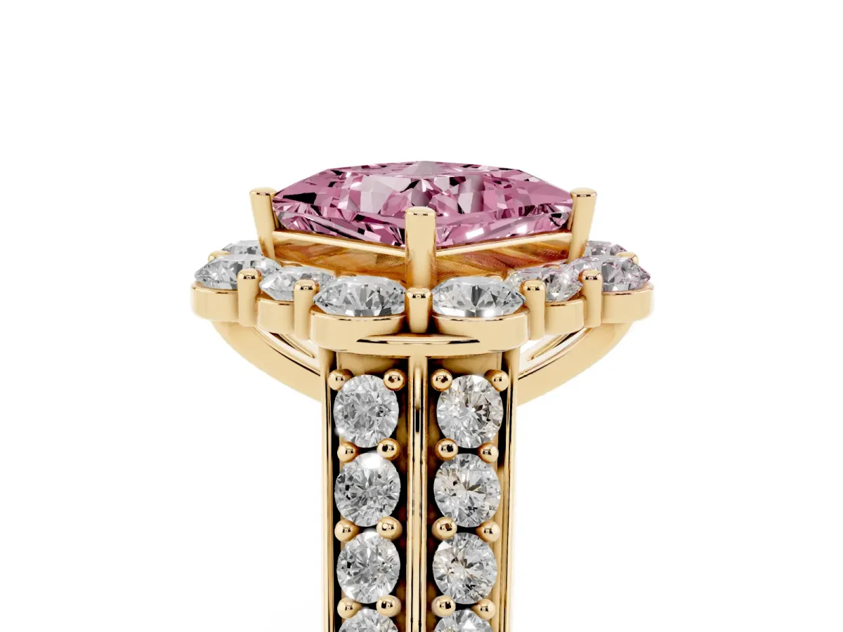 Fancy Pink Princess Cut Halo Diamond Engagement Ring with Split Shank and Prong Setting Yellow gold