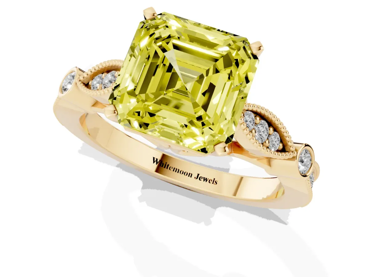 Fancy Yellow Asscher Cut Cut Diamond with Milgrain Marquise and Bezel Accents on a Solitaire Band with Prong Setting Yellow gold