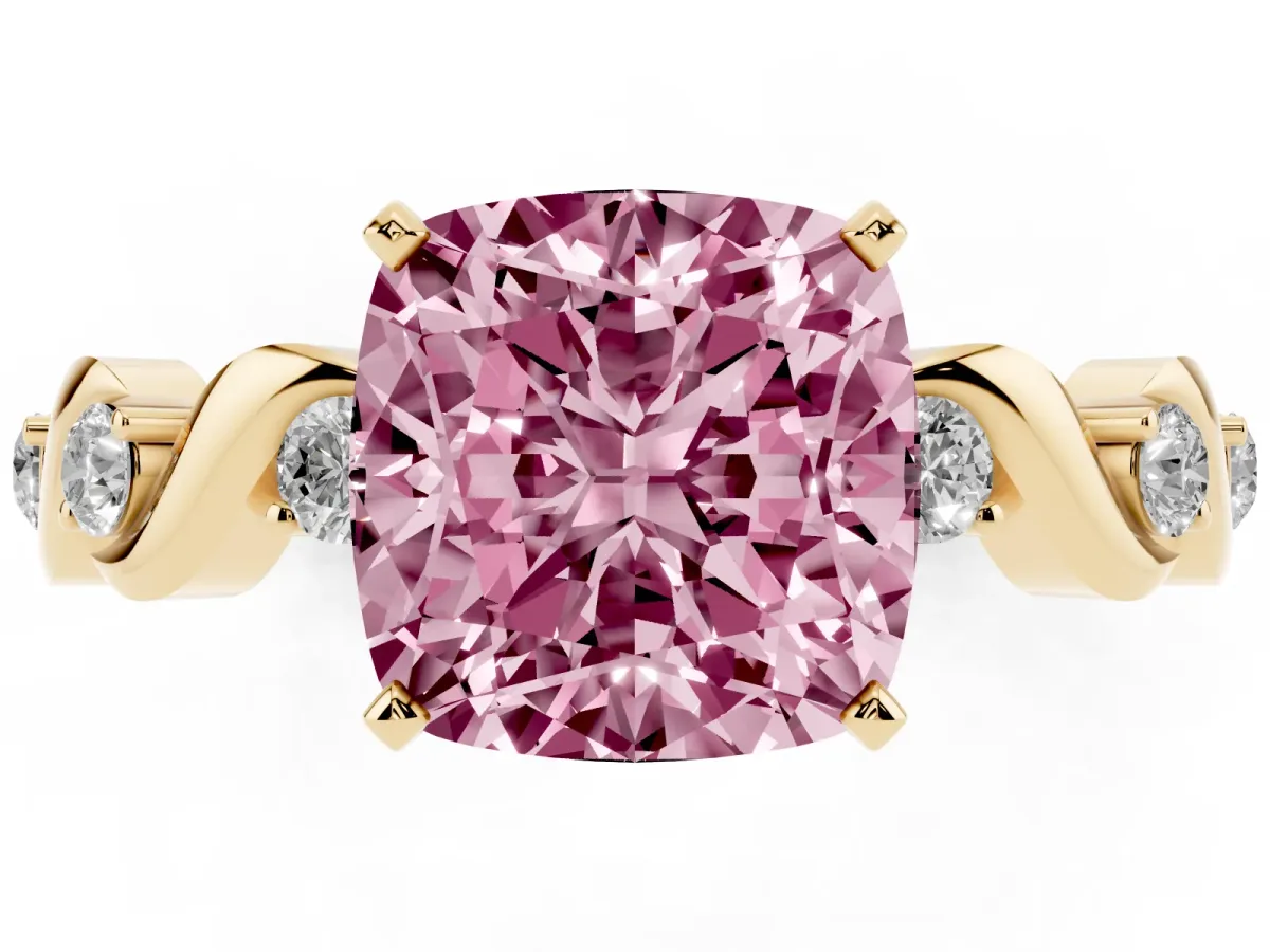 Fancy Pink Cushion Cut Diamond Solitaire Twisted Band with Round Accents and Prong Setting Yellow gold