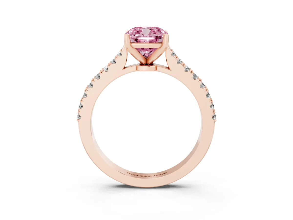Fancy Pink Cushion Cut Cut Solitaire Diamond Engagement Ring with Pave Band and Four-Prong Setting Rose gold