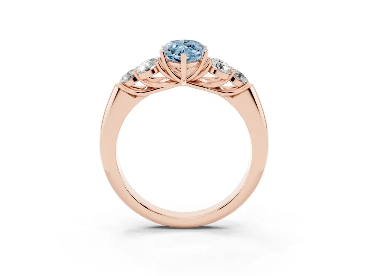 Fancy Blue Marquise Cut Cut Diamond Cluster Ring with Round Accent Stones and Prong Setting on a Classic Band Rose gold