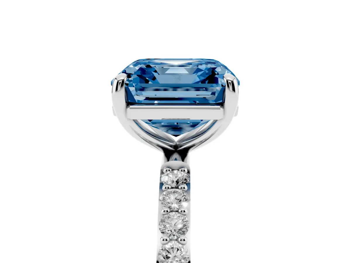 Fancy Blue Asscher Cut Diamond Solitaire Ring with Round Pavé Band and Prong Setting Silver