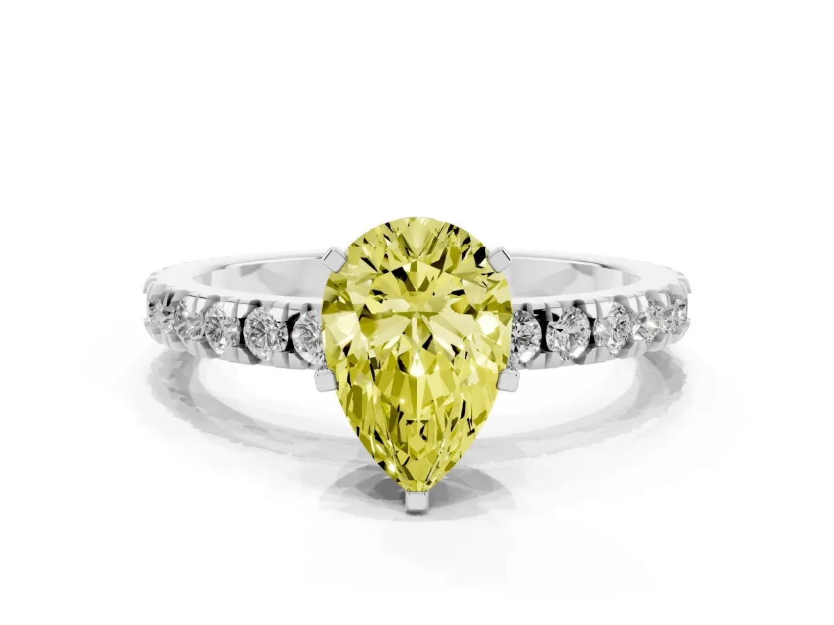 Fancy Yellow Pear Cut Diamond Pavé Band Solitaire with Four-Prong Setting Platinum