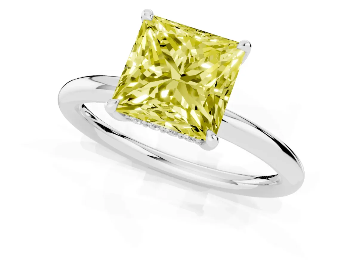 Fancy Yellow Princess Cut Diamond Solitaire Ring with Thin Band and Four-Prong Setting Platinum