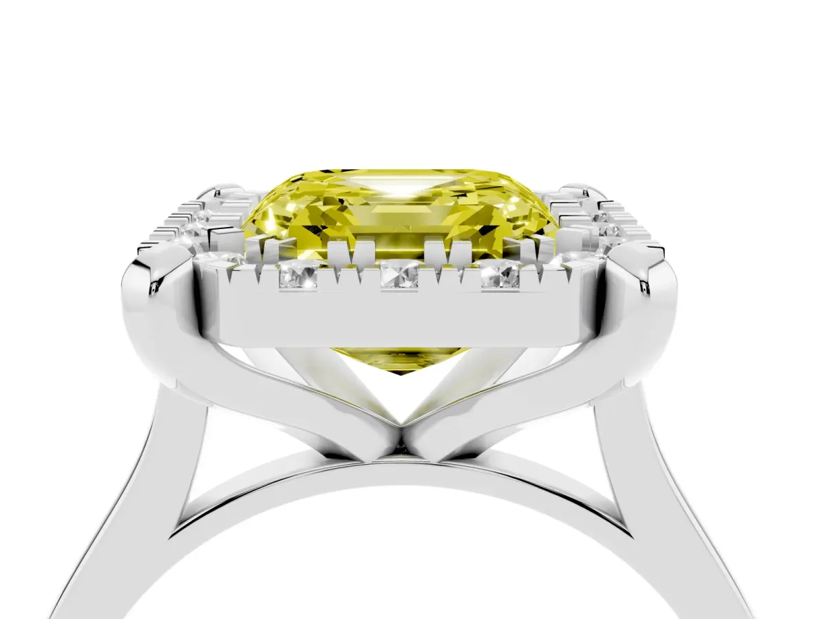 Fancy Yellow Asscher Cut Diamond Cluster Halo Solitaire with Four-Prong Setting Silver