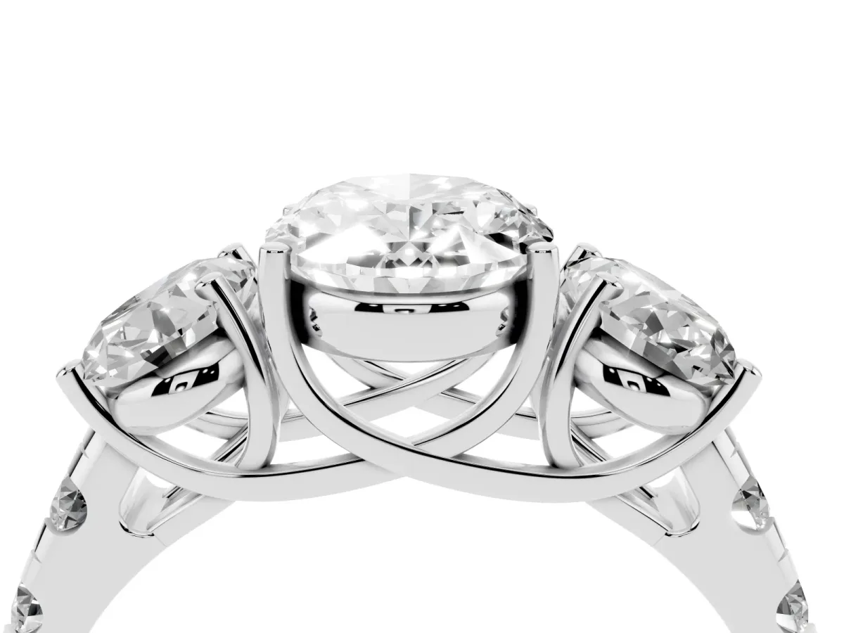Three-Stone Oval Cut Diamond Pavé Band with Prong Setting Platinum