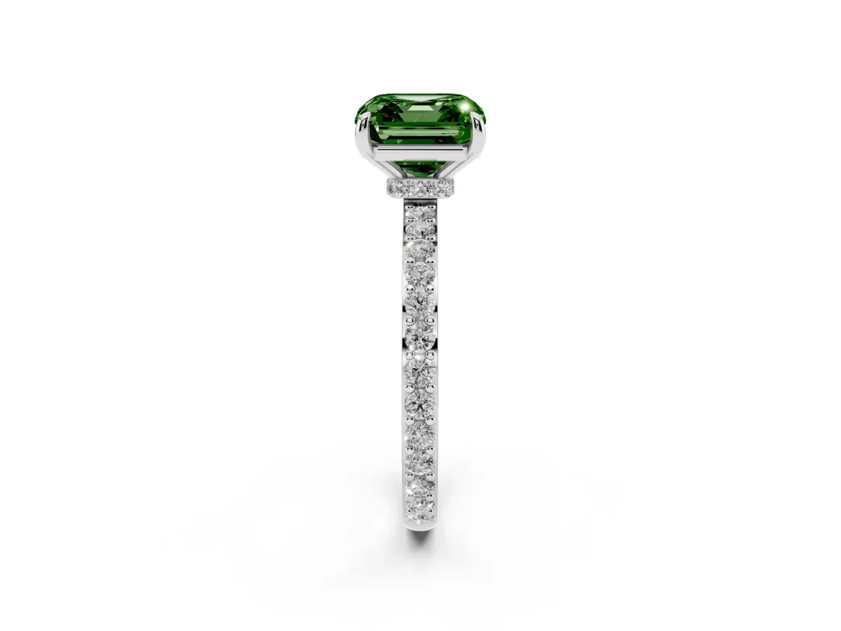 Fancy Green Asscher Cut Diamond Pavé Engagement Ring with Round Accents and Prong Setting Silver