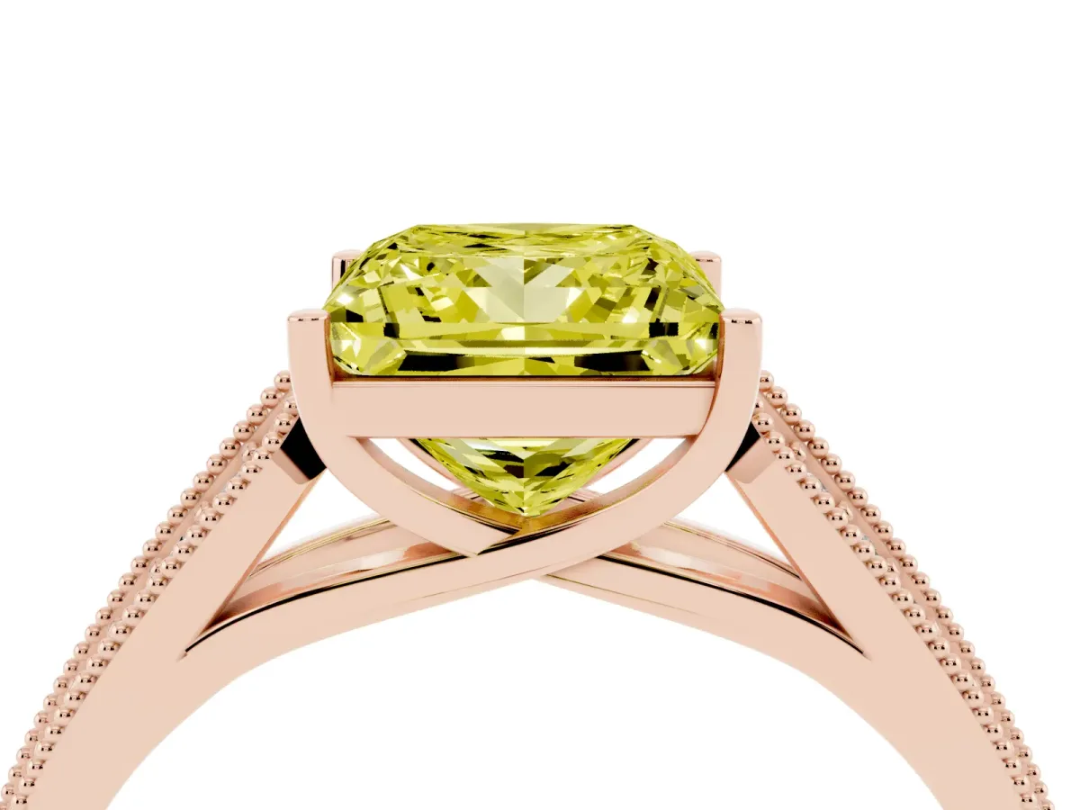 Fancy Yellow Princess Cut Cut Pave Split Shank Engagement Ring with Four-Prong Setting Rose gold