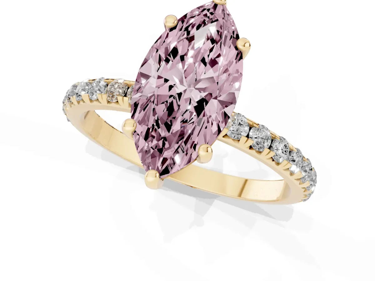 Fancy Pink Marquise Cut Cut Diamond Solitaire Ring with Micro Pave Band and Four Prong Setting Yellow gold