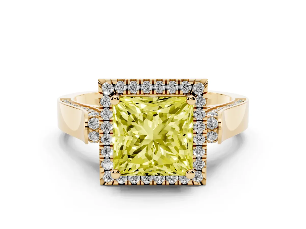 Fancy Yellow Princess Cut Halo Round Diamond Twist Band with Four-Prong Setting Yellow gold