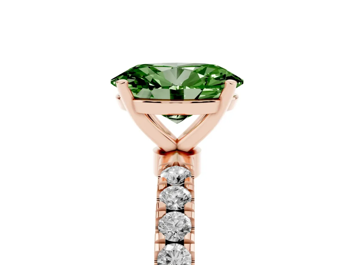 Fancy Green Oval Cut Diamond Solitaire Ring with Pavé Accents and Four-Prong Setting Rose gold