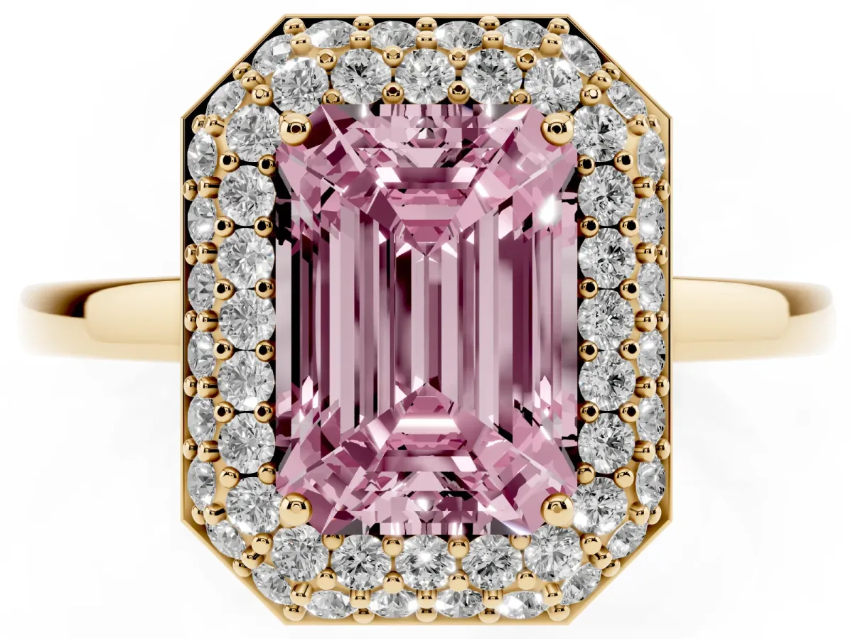 Fancy Pink Emerald Cut Halo Diamond Engagement Ring with Solitaire Band and Four-Prong Setting Yellow gold