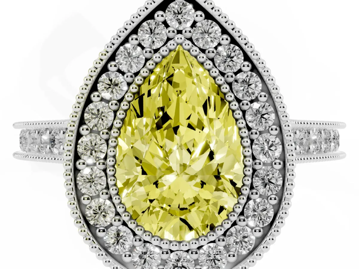 Fancy Yellow Halo Pear Cut-Cut Diamond Pave Band Milgrain Prong Setting Ring Platinum