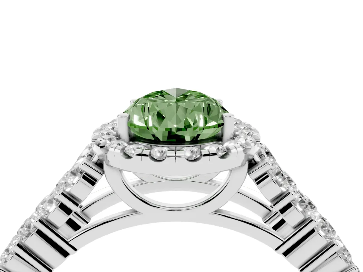 Fancy Green Pear Cut Diamond Halo Engagement Ring with Triple Row Round Pavé Band and Prong Setting Silver