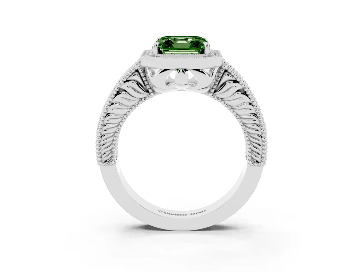 Fancy Green Asscher Cut Cut Halo Diamond Ring with Pavé Band and Four-Prong Setting Platinum
