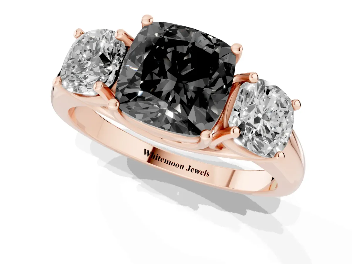 Fancy Black Three-Stone Cushion Cut Diamond Engagement Ring with Prong Setting Rose gold