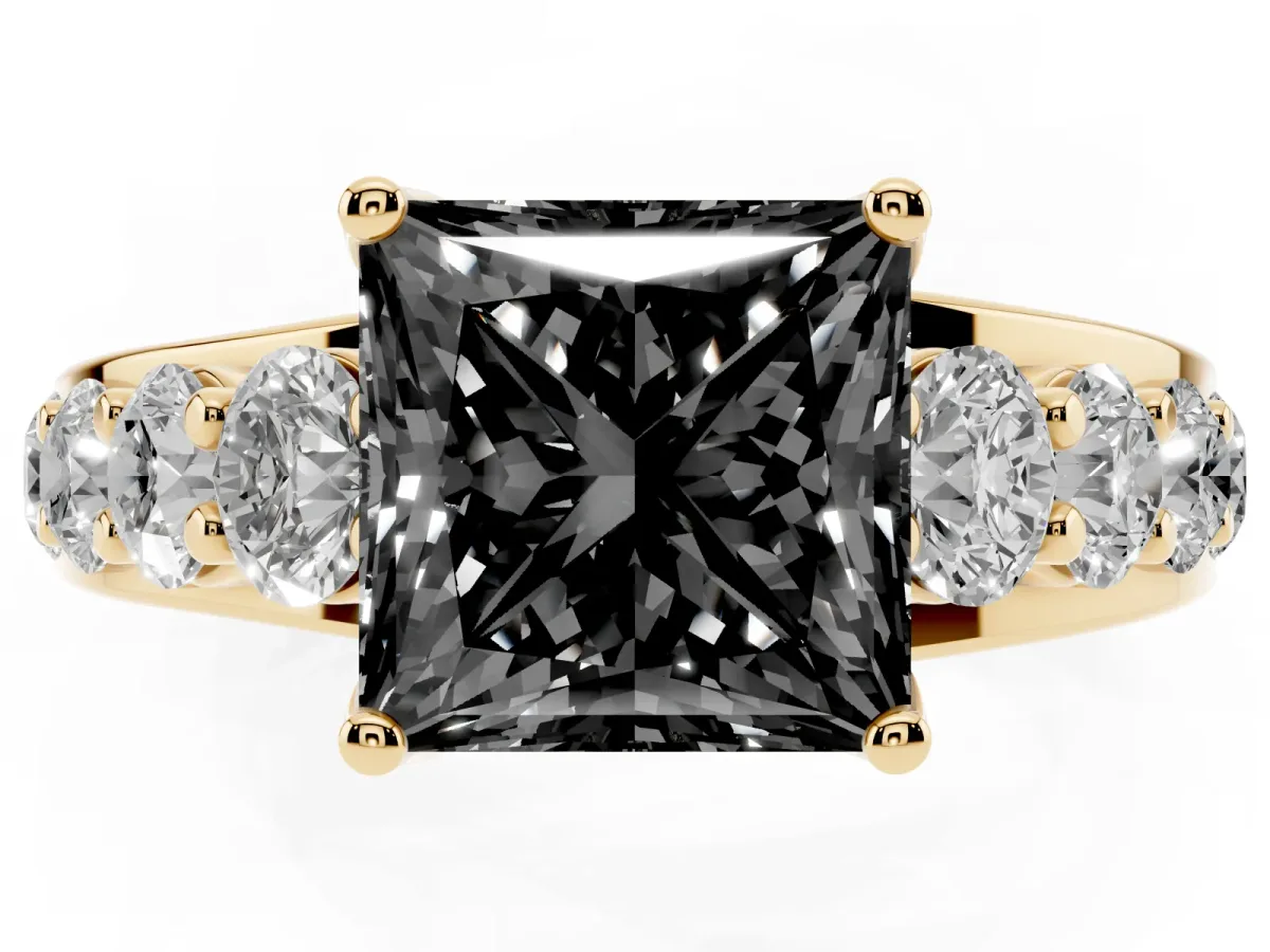 Fancy Black Princess Cut Diamond Engagement Ring with Pavé Band and Four-Prong Setting Yellow gold