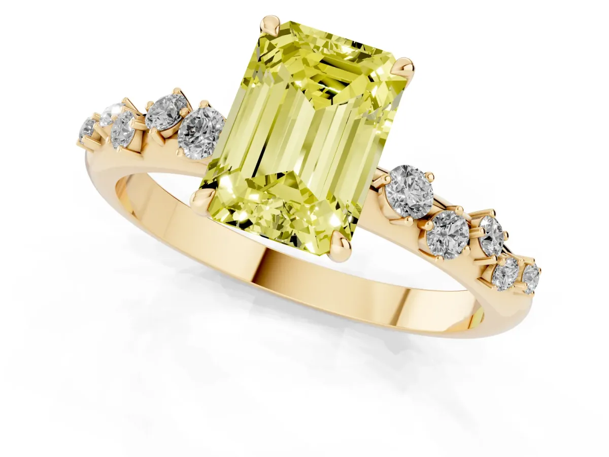 Fancy Yellow Emerald Cut Diamond Cluster Prong-Set Solitaire Ring Yellow gold