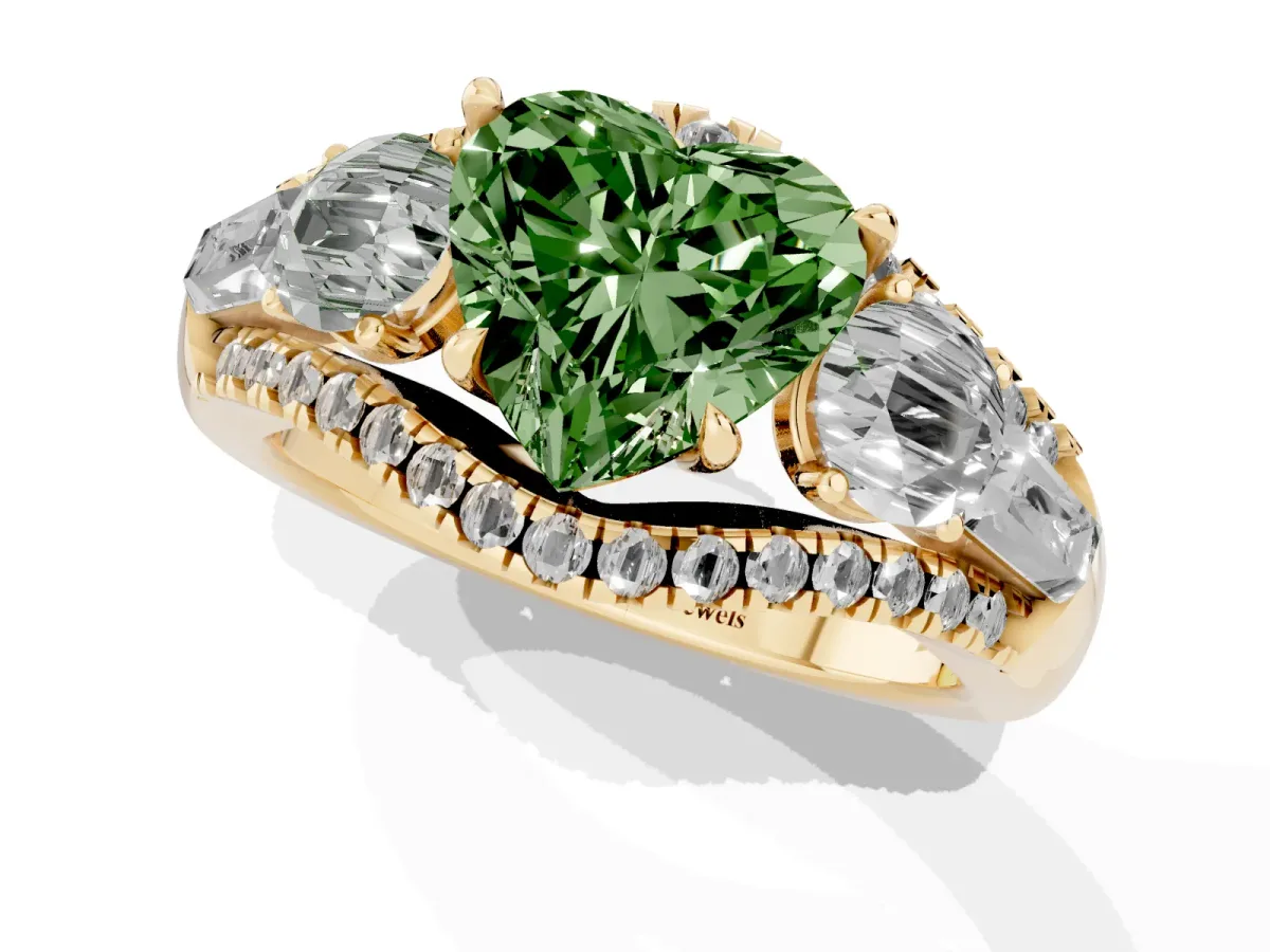Fancy Green Three-Stone Heart Cut Diamond Engagement Ring with Pave Band and Prong Setting Yellow gold