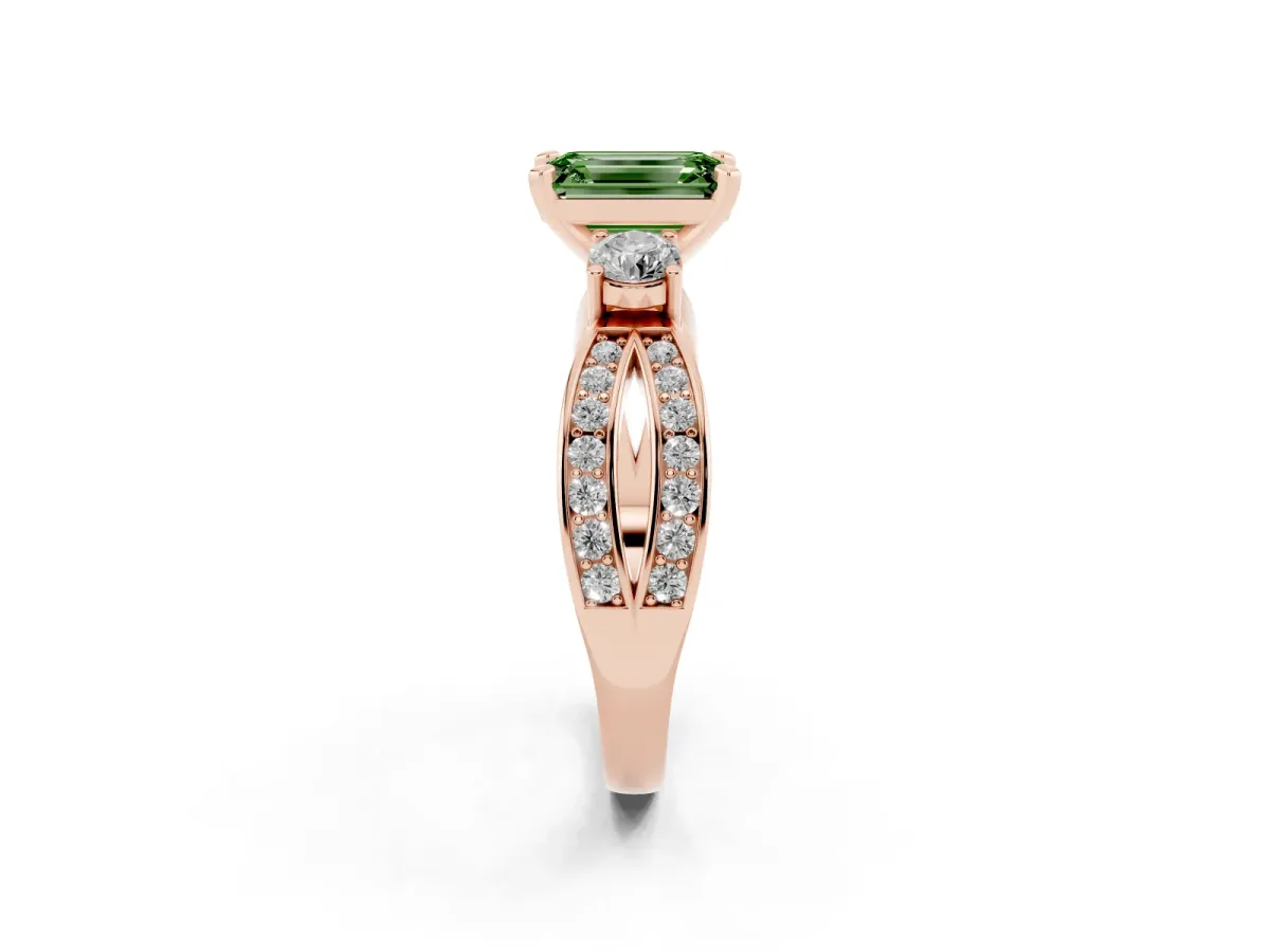 Fancy Green Three-Stone Emerald Cut Cut Diamond Twist Band with Prong Setting Rose gold