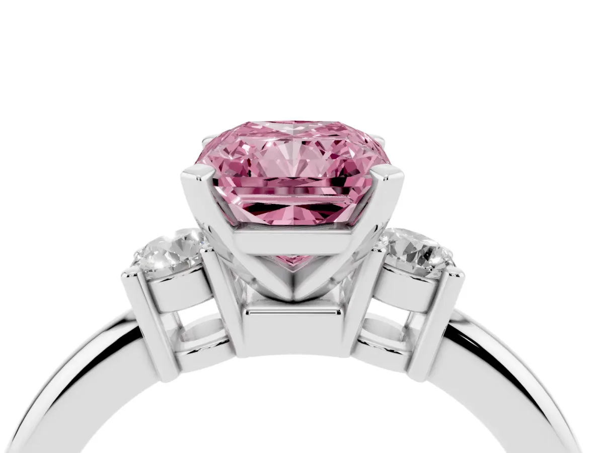 Fancy Pink Three-Stone Radiant Cut Cut Diamond Solitaire with Prong Setting and Classic Band Silver