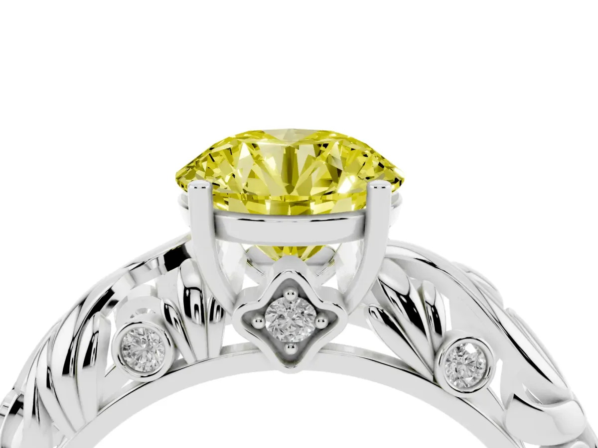 Fancy Yellow Round Cut Solitaire Diamond Leaf-Inspired Vine Band Ring with Prong Setting Silver