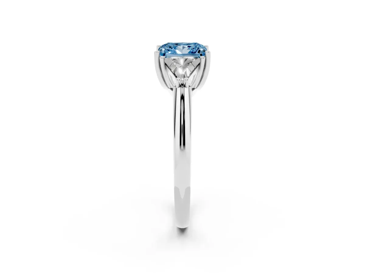 Fancy Blue Three-Stone Princess Cut Diamond Engagement Ring with Trillion Side Stones and Prong Setting Silver