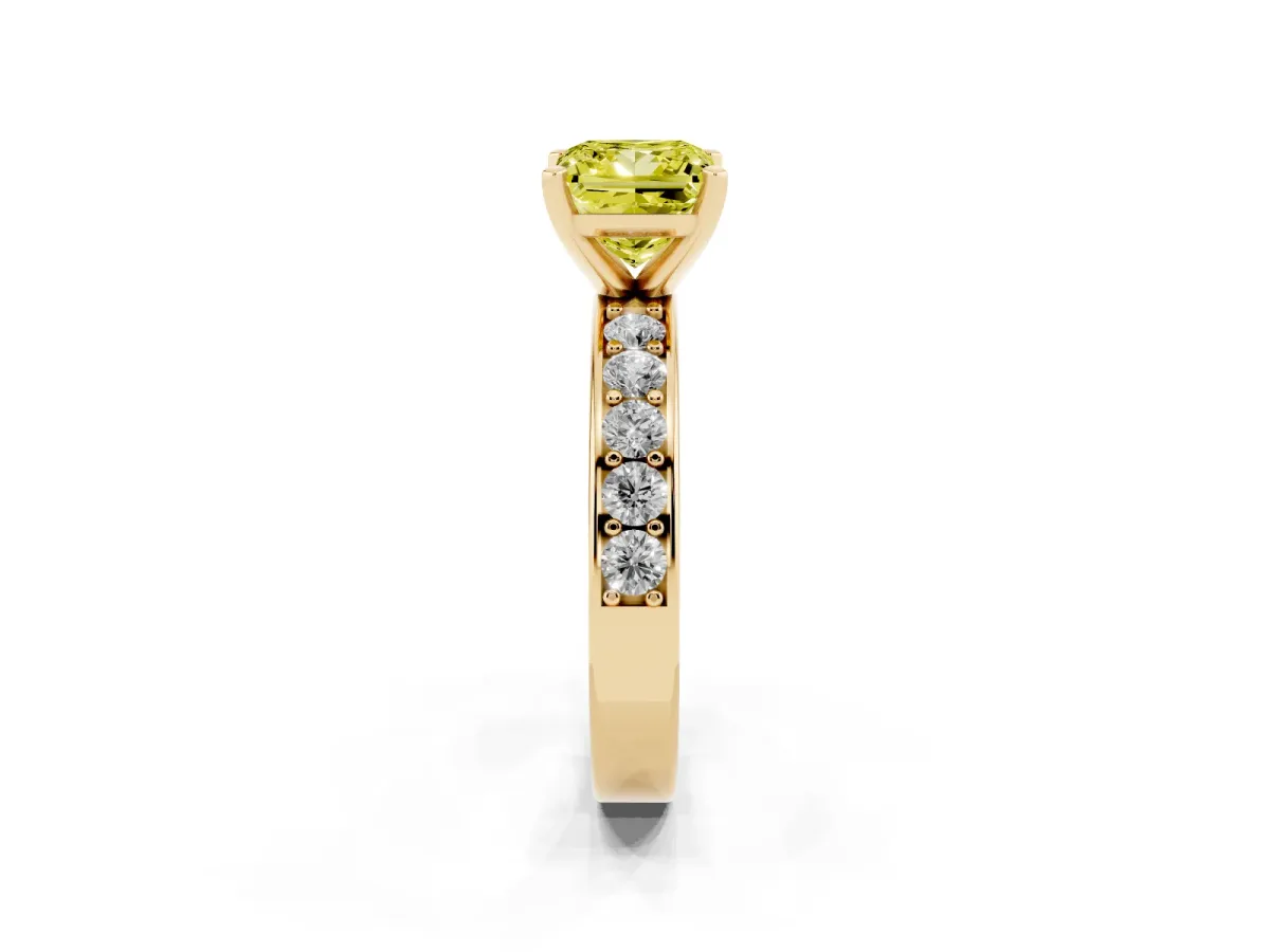 Fancy Yellow Princess Cut Diamond Engagement Ring with Channel Set Round Band and Prong Setting Yellow gold