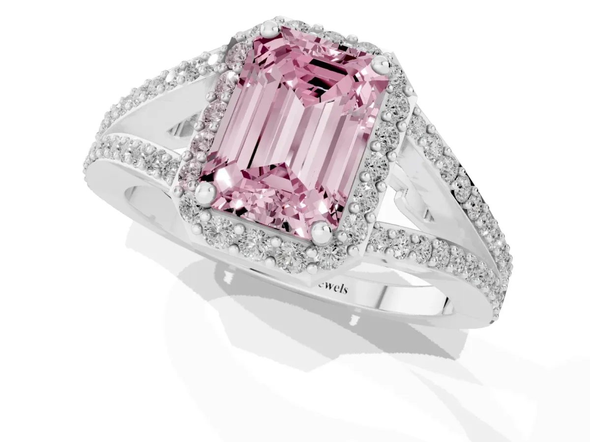 Fancy Pink Emerald Cut Halo Split Shank Pave Diamond Ring with Four-Prong Setting Silver