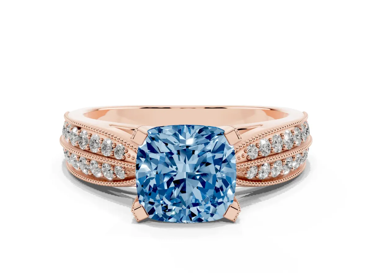 Fancy Blue Cushion Cut Diamond Solitaire Ring with Milgrain Round Pavé Band and Prong Setting Rose gold