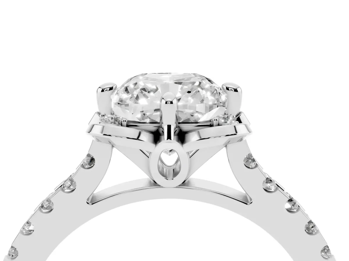Cushion Cut Diamond Ring with Pavé Band and Floral Prong Setting White gold