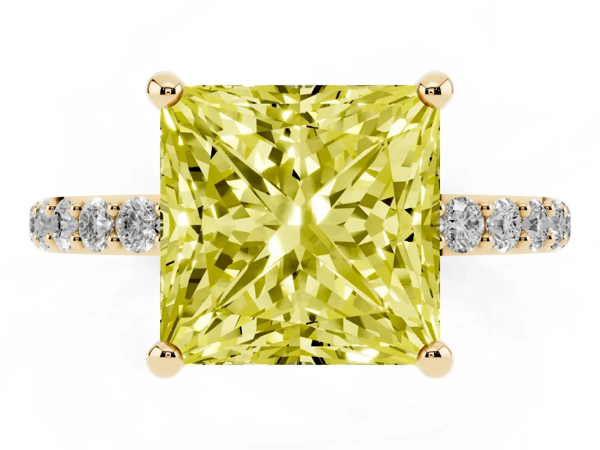 Fancy Yellow Princess Cut Diamond Solitaire Ring with Round Pavé Band and Prong Setting Yellow gold
