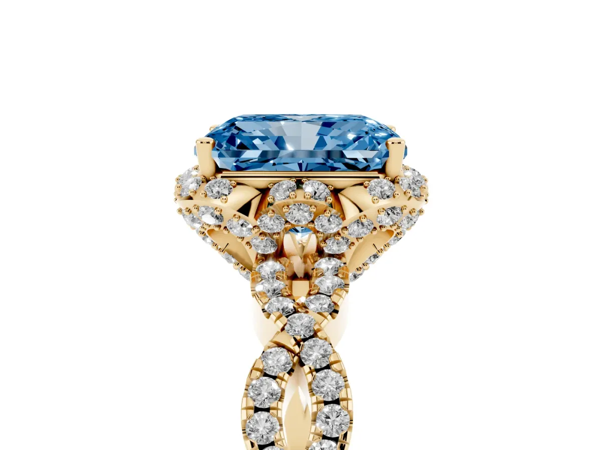 Fancy Blue Radiant Cut Halo Twist Band Solitaire Ring with Six-Prong Setting Yellow gold