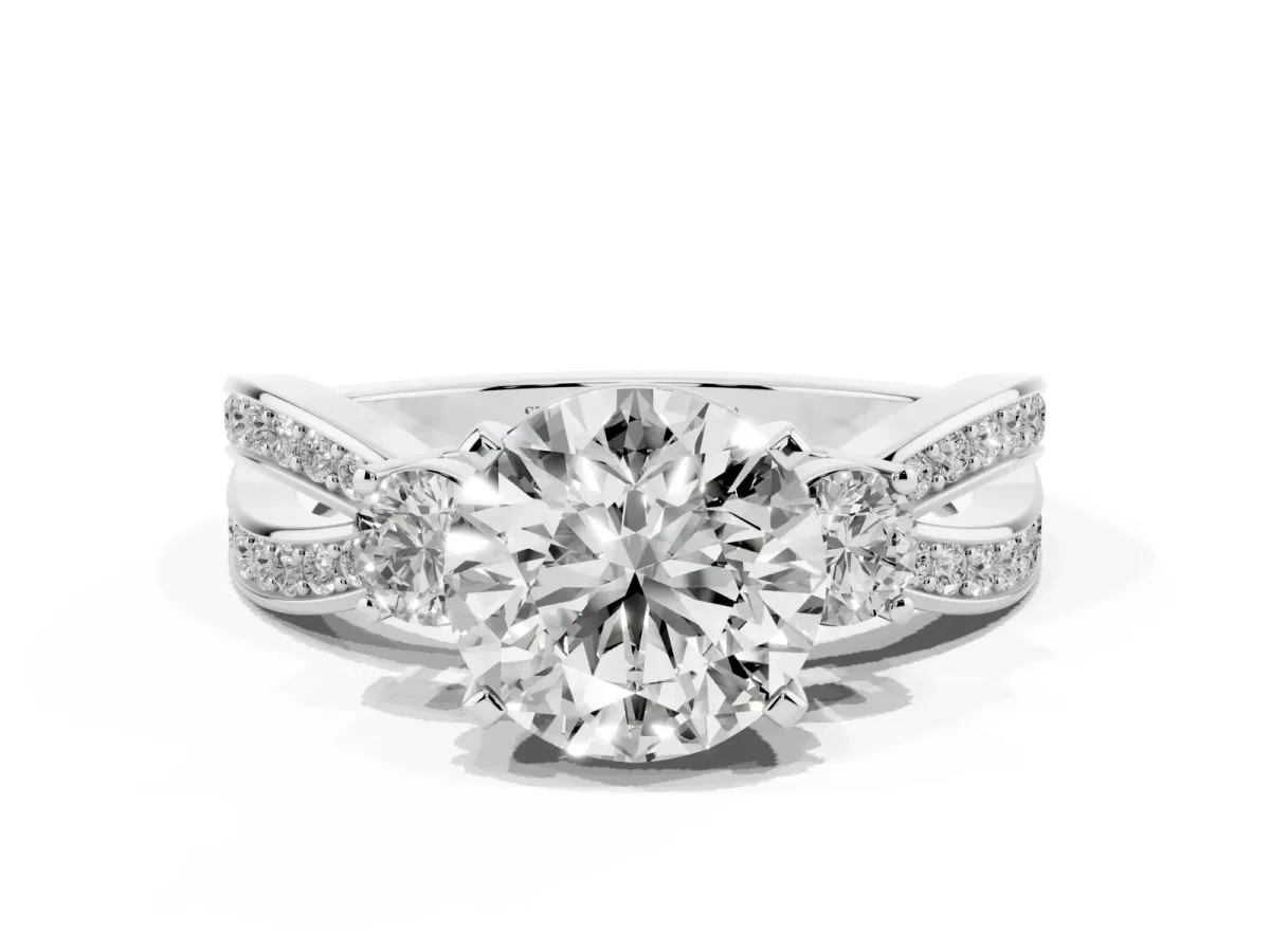 Three-Stone Round Cut Cut Diamond Twist Band with Prong Setting Platinum