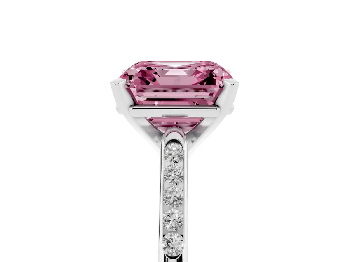Fancy Pink Asscher Cut Diamond Solitaire Ring with Channel Set Round Band and Prong Setting Silver