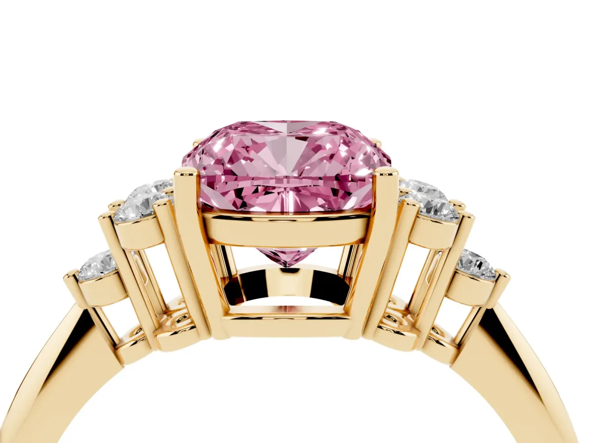 Fancy Pink Cushion Cut Cut Diamond Cluster Ring with Solitaire Band and Four-Prong Setting Yellow gold