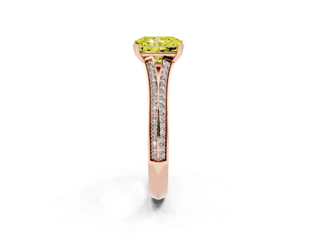 Fancy Yellow Radiant Cut Diamond Split Shank Engagement Ring with Pavé Band Rose gold