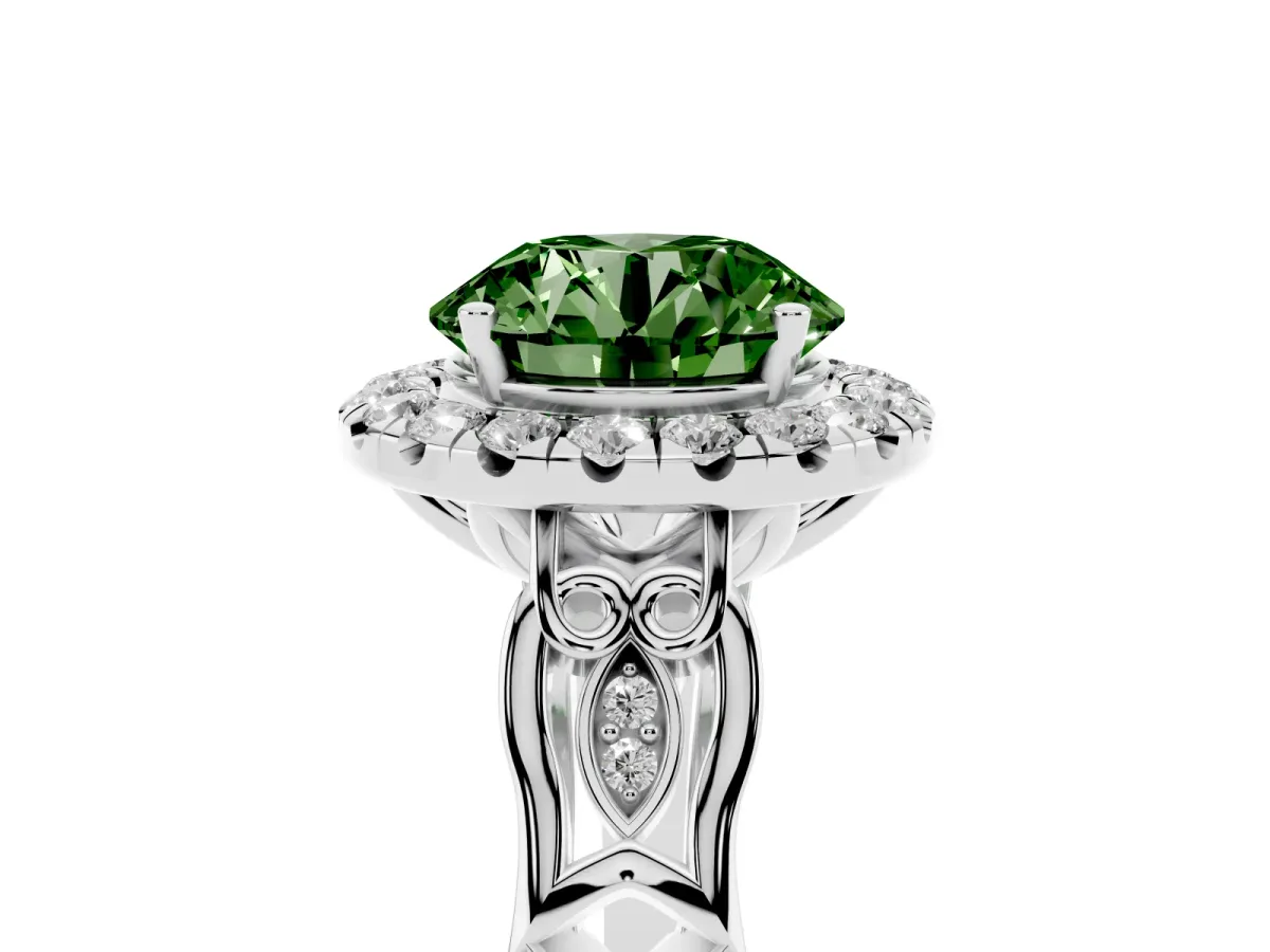 Fancy Green Round Cut Halo Diamond Engagement Ring with Filigree Band and Four-Prong Setting Platinum