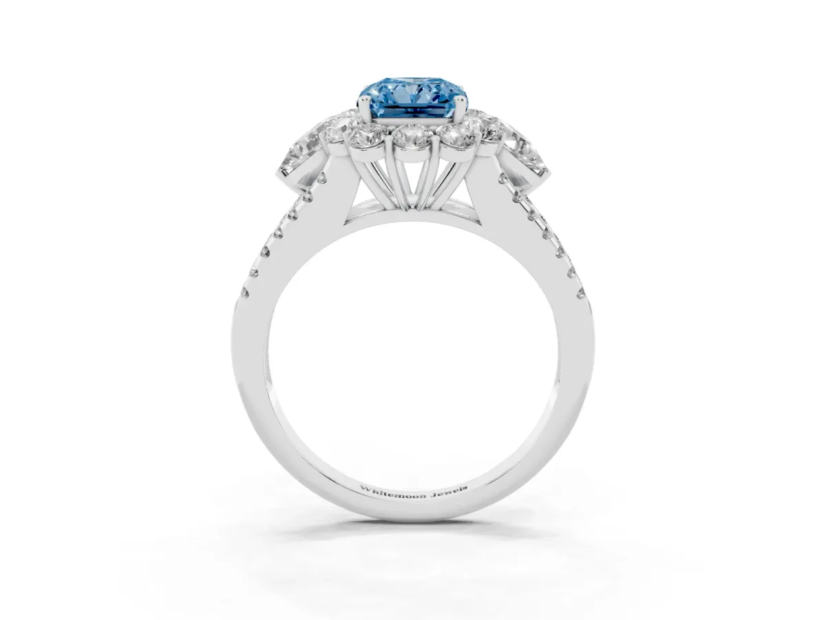 Fancy Blue Radiant Cut Halo Split Shank Diamond Engagement Ring with Prong Setting Silver