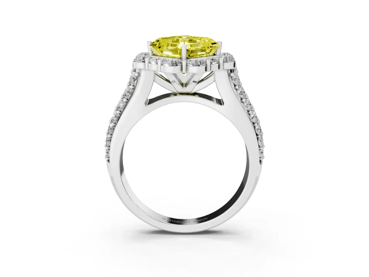 Fancy Yellow Asscher Cut Halo Diamond Engagement Ring with Split Shank and Prong Setting Silver