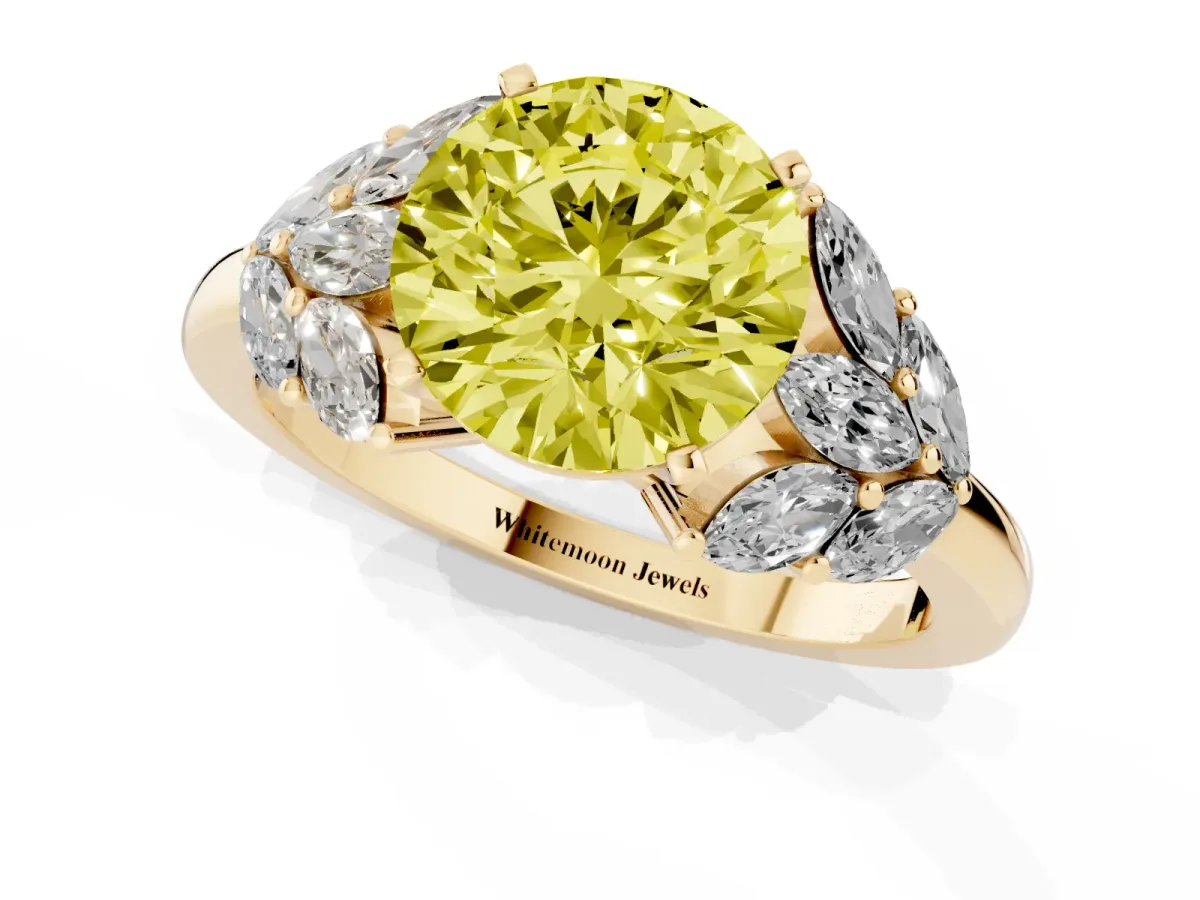 Fancy Yellow Round Cut Diamond Cluster Leaf Design Ring with Prong Setting Yellow gold