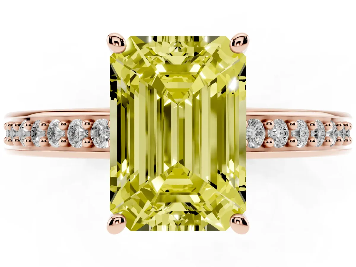 Fancy Yellow Emerald Cut Solitaire Pavé Band Prong Setting Ring Rose gold