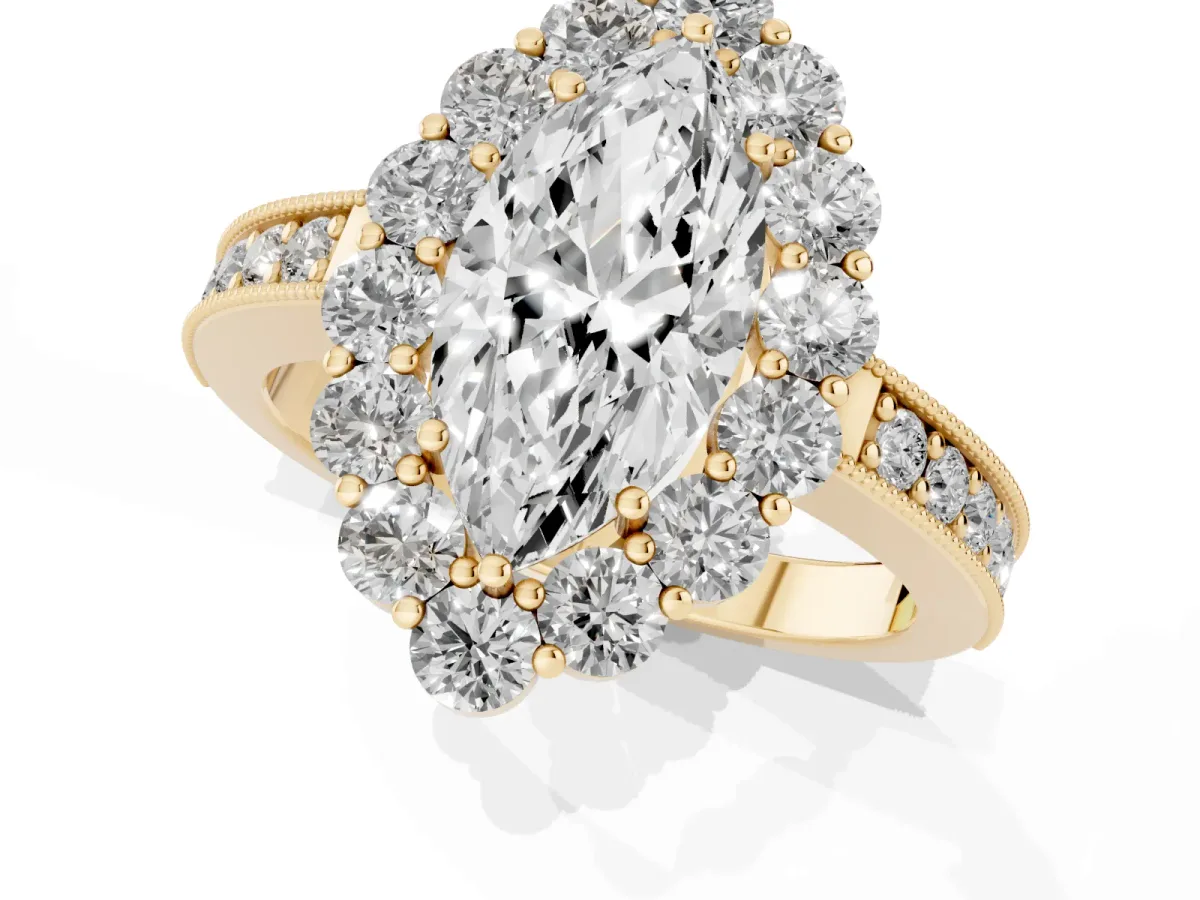 Marquise Cut Cut Halo Diamond Pavé Engagement Ring with Milgrain Detailing Yellow gold