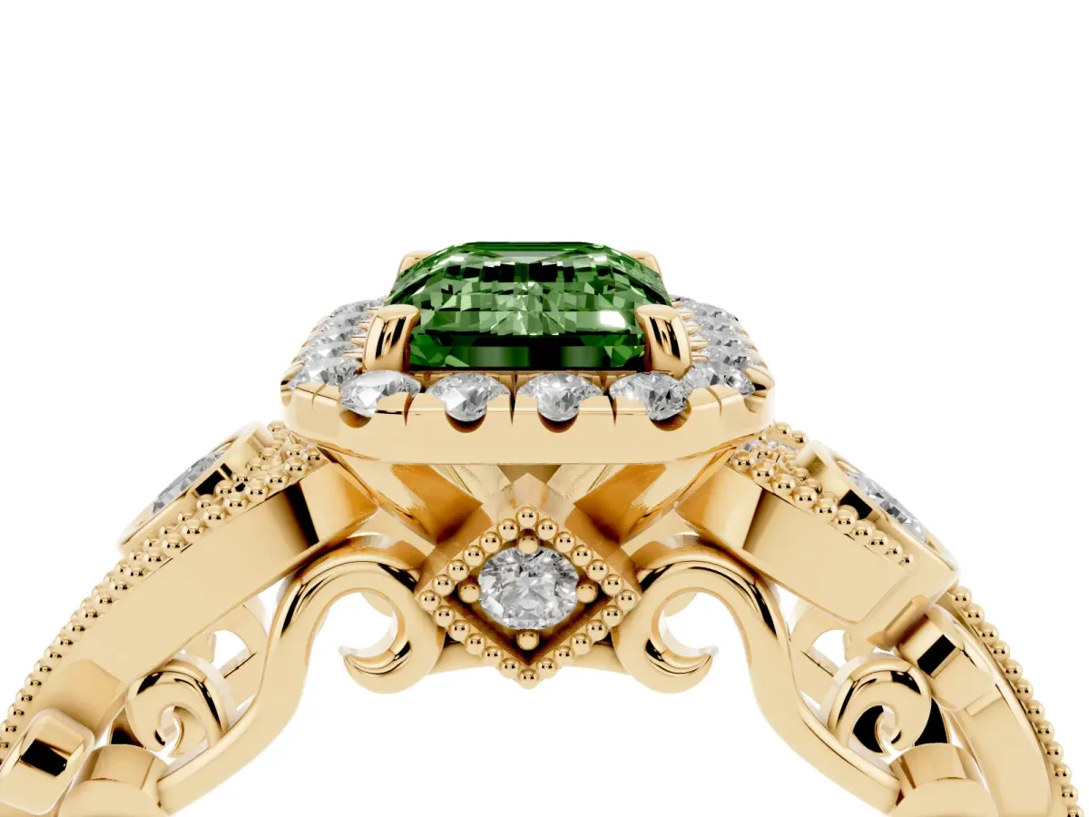 Fancy Green Emerald Cut Halo Diamond Ring with Milgrain and Bezel Accents on a Split Shank Band Yellow gold