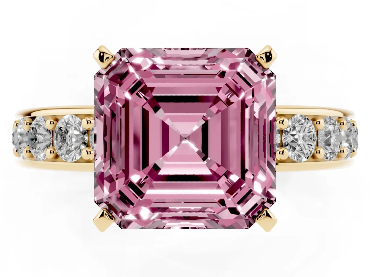 Fancy Pink Asscher Cut Diamond Engagement Ring with Channel Set Round Band and Prong Setting Yellow gold